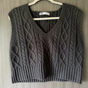 Zara Dark Charcoal Cable Knit V-Neck Sweater Vest